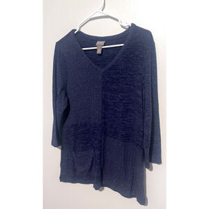 Chico’s Ella Tunic Sweater Women's Medium 1 Blue 3/4 Sleeve V-neck Paneled Top